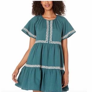 Madewell Boho Teal Linen Blend Tiered Mini Dress Cottagecore Button Front L